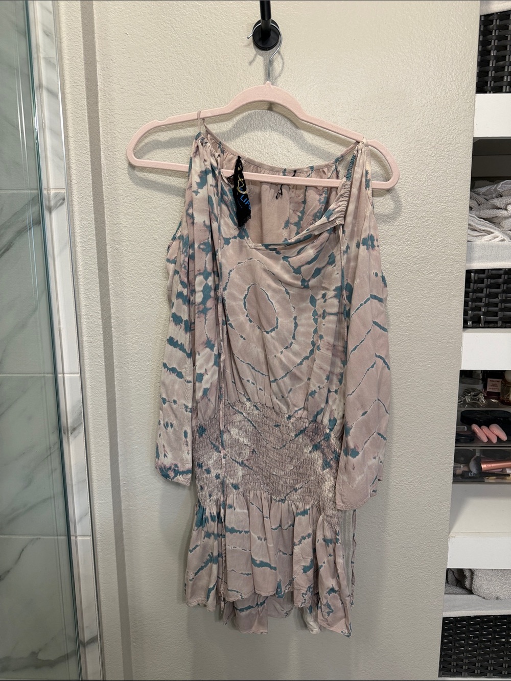 Blue Life Smocked Cold Shoulder Tunic Dress